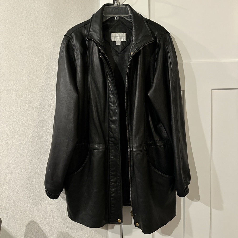 Worthington Black Leather Jacket Trench Coat X-Large genuine lambskin